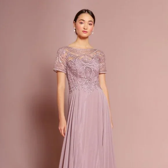 NEW LONG CHIFFON A-LINE DRESS WITH CAP SLEEVES EMBROIDERED WITH LACE GL2683 - Picture 3 of 13